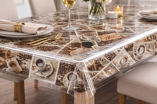 PVC Table Cover Coffee Brown & Clear Plastic 250mic (2.5m)